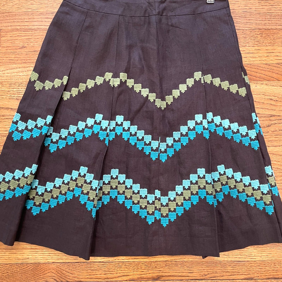 Ann Taylor LOFT Women's Sz 0P Linen Pleated Flare Skirt Chevron Embroidered - Picture 8 of 10